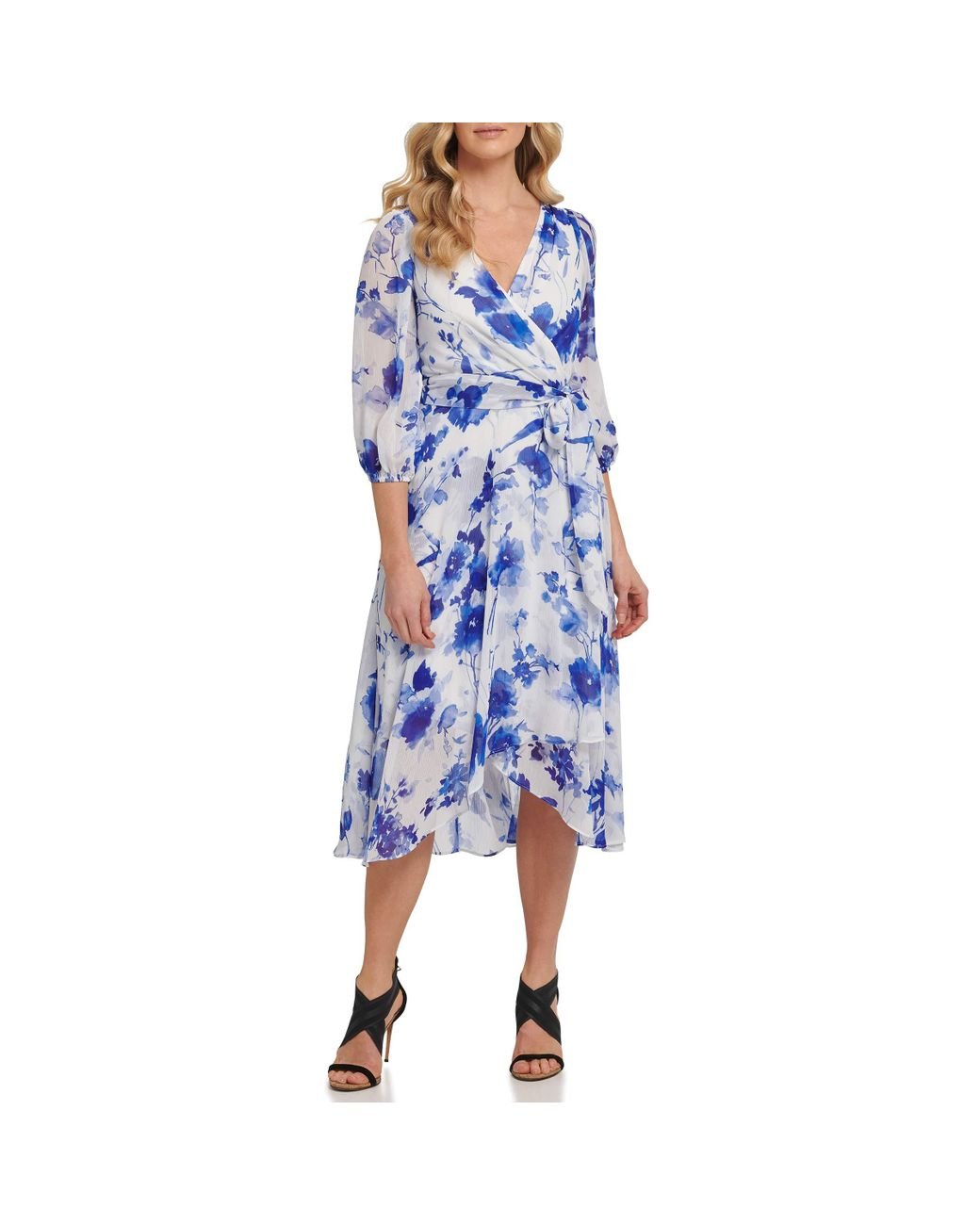 Dkny Chiffon 3 4 Balloon Sleeve V Neck Tie Waist Faux Wrap Midi Dress In Iris Combo Blue Lyst