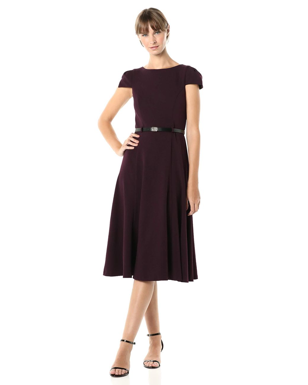 Calvin Klein Cap Sleeve A-line Belted Midi Dress in Black - Lyst