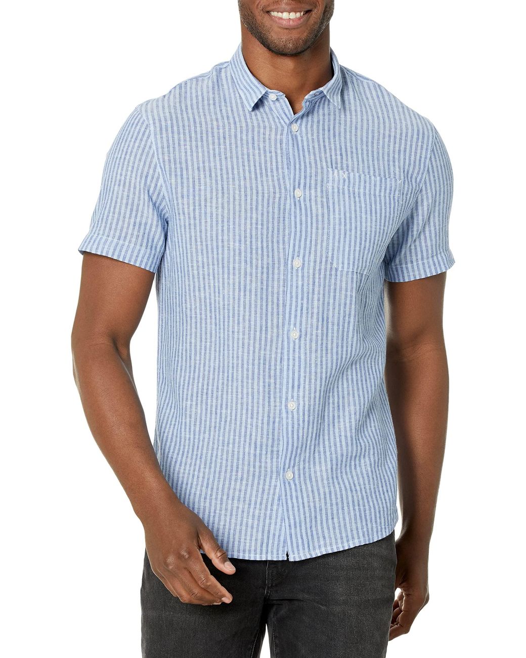 Armani Exchange | Mens Short Sleeve Striped Linen Up Button Down Shirt ...