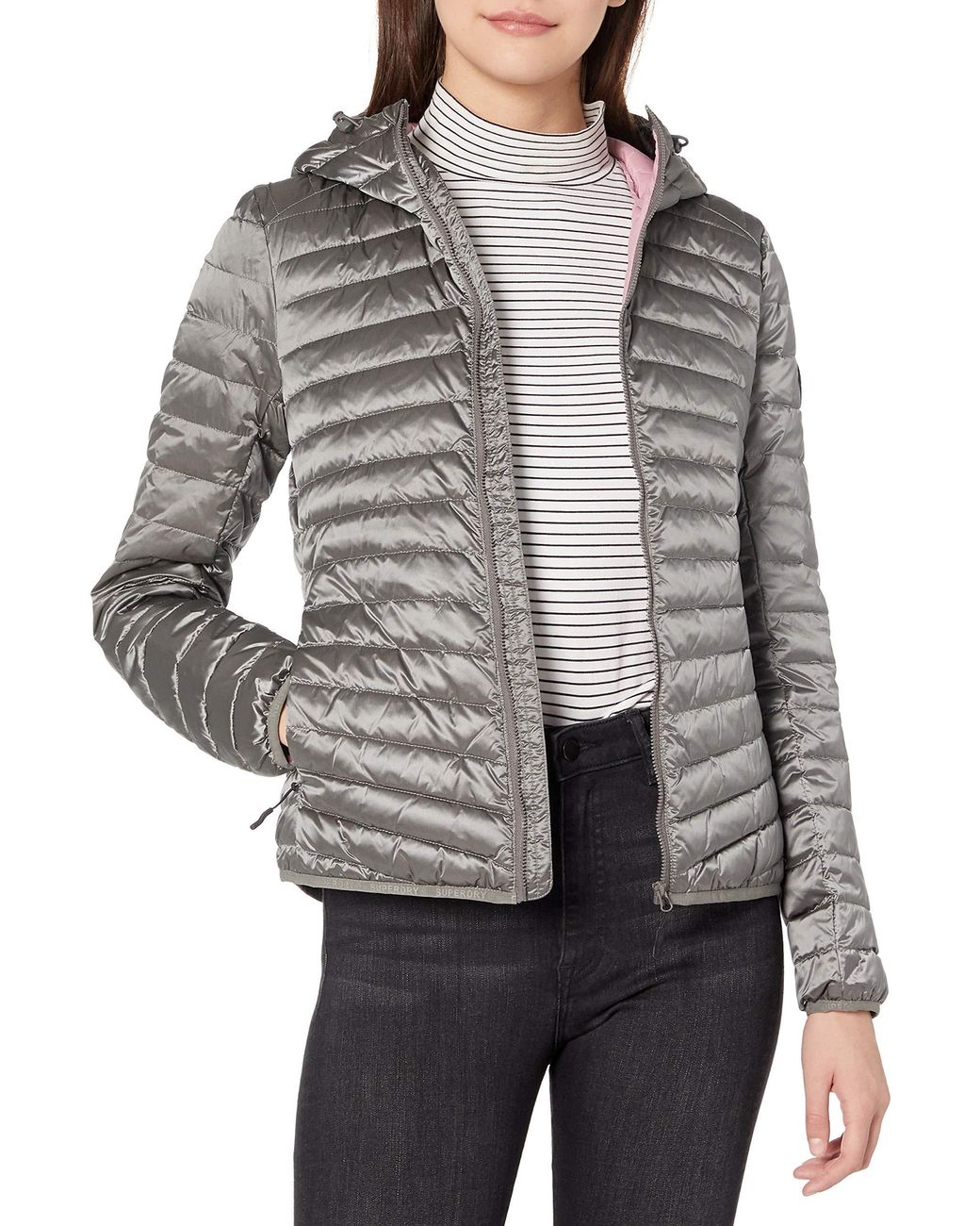 superdry womens core down hooded jacket comet silver