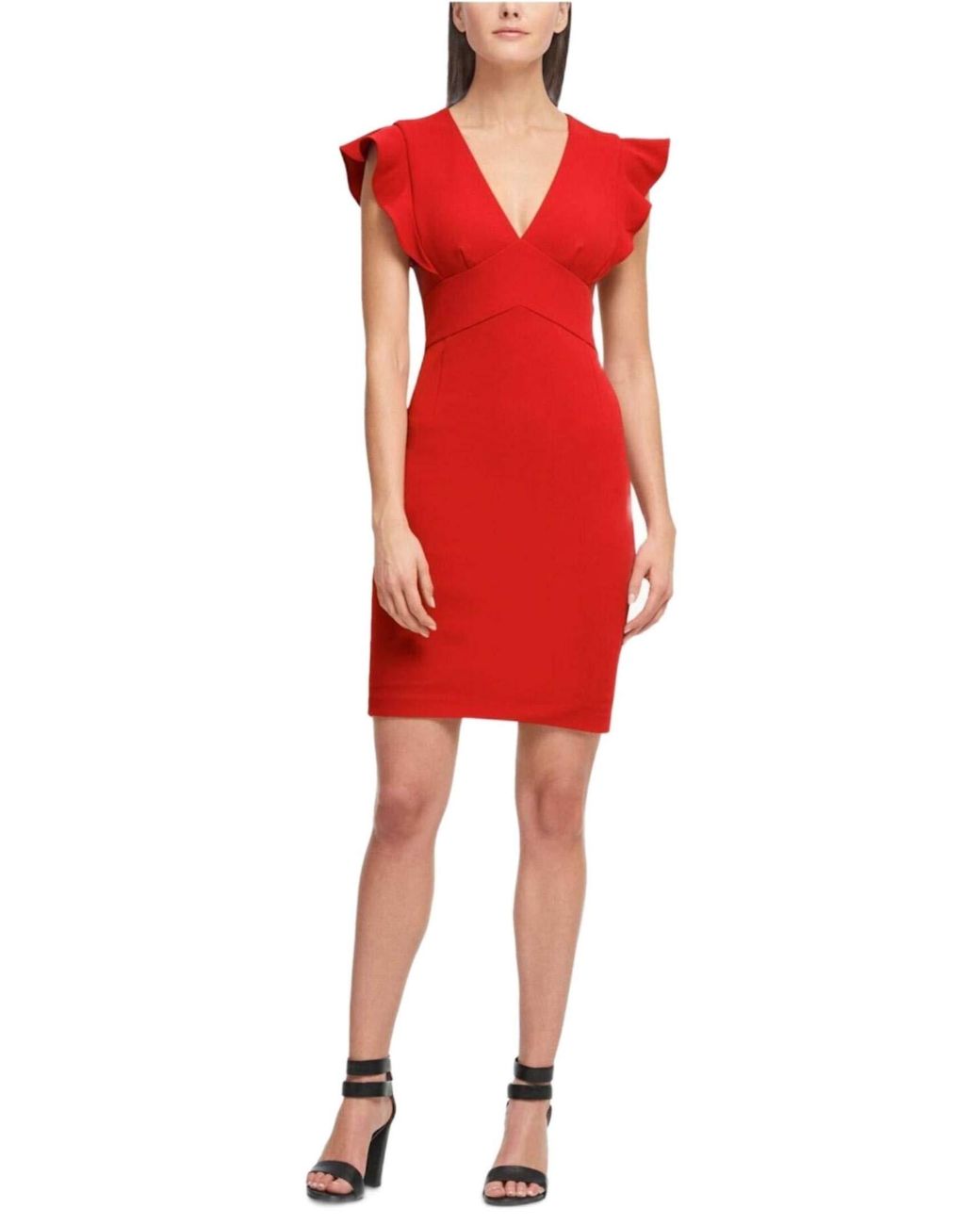 DKNY Vneck Sheath Dress With Ruffle Sleeve in Scarlet (Red) Save 33