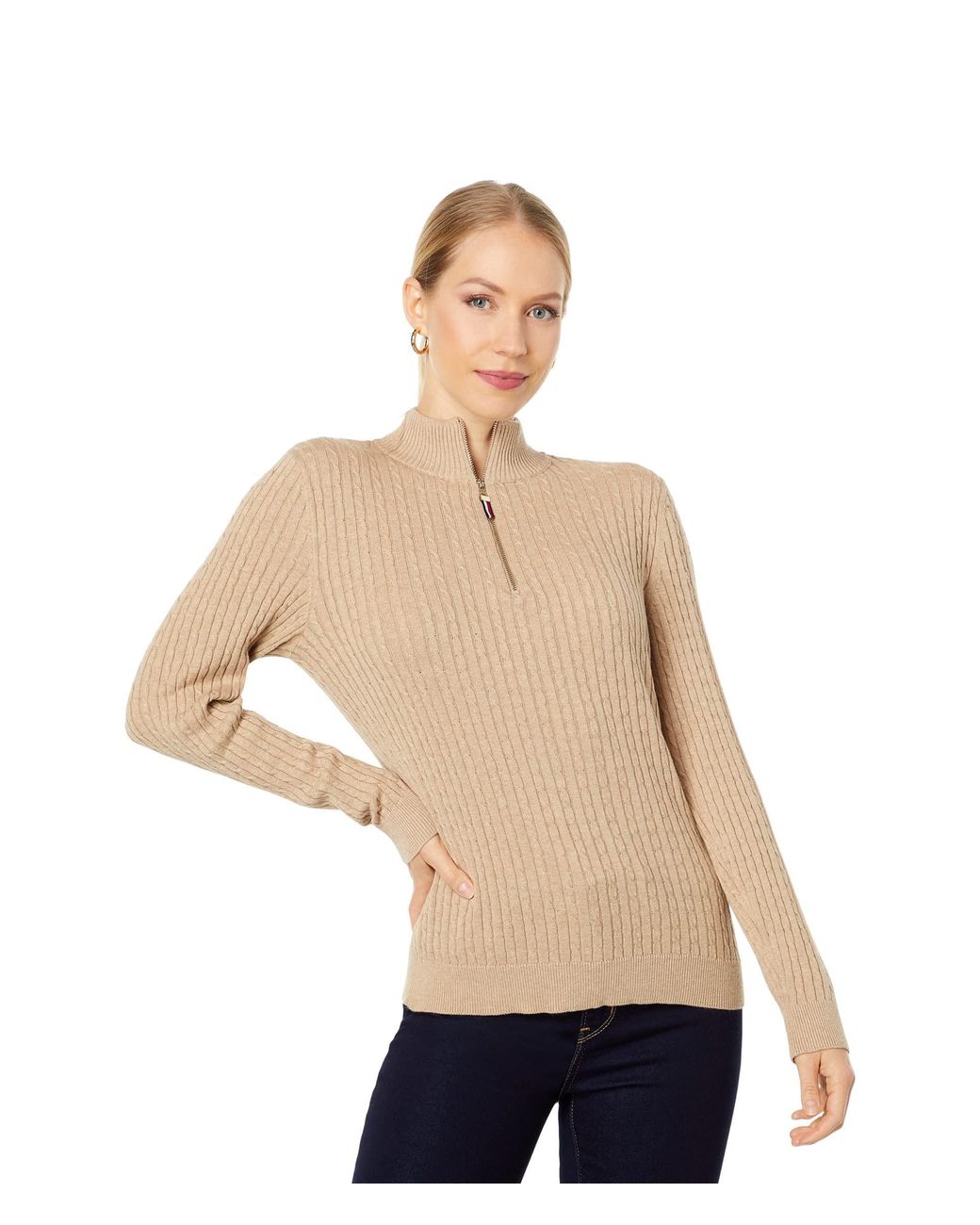 Tommy Hilfiger 1/4 Zip Mock Neck Cable Sweater in Natural | Lyst