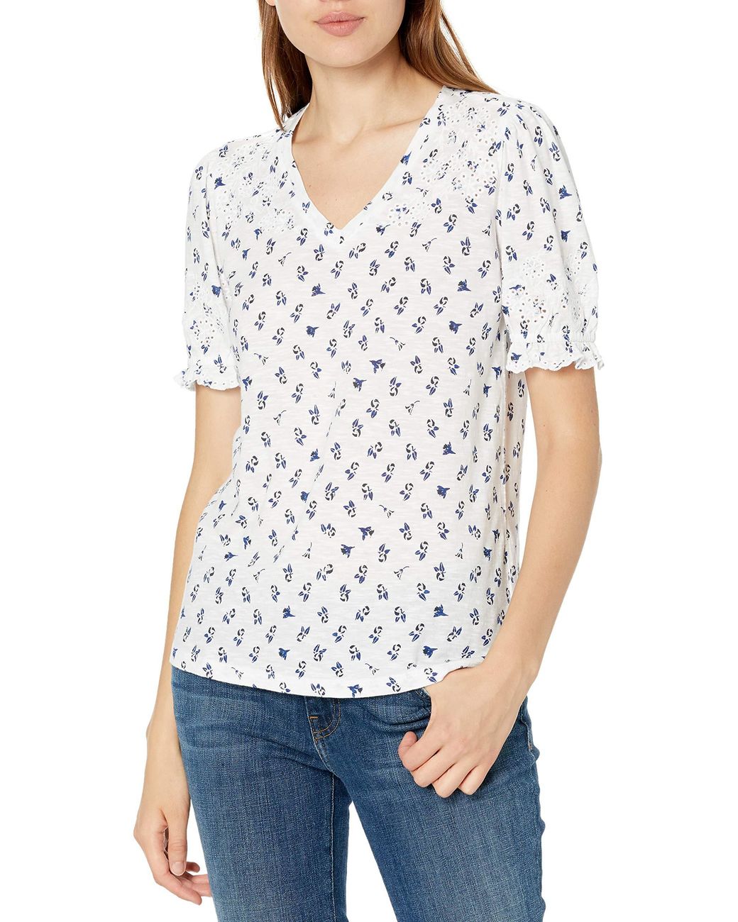 Lucky Brand Puff Sleeve V Neck Embroidered Top in White Lyst