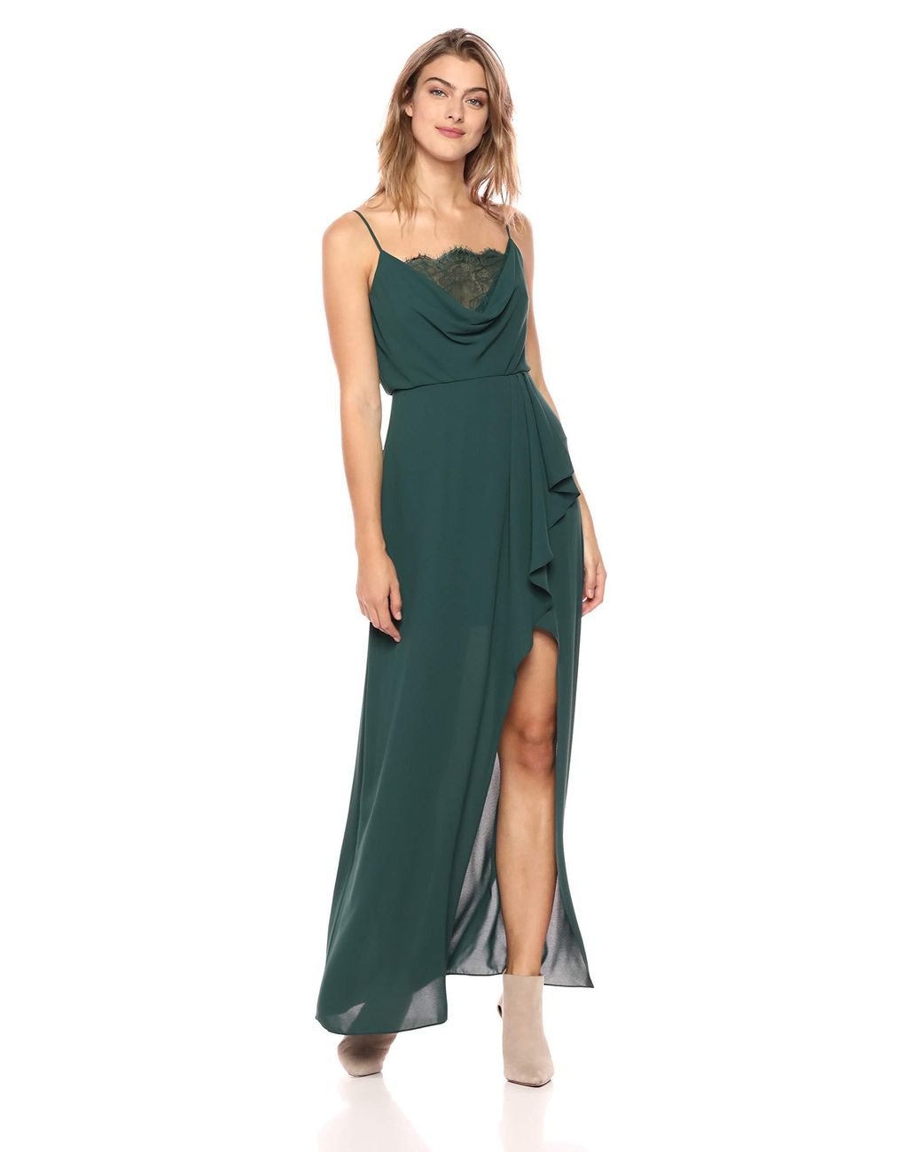 bcbg lace trimmed velvet gown