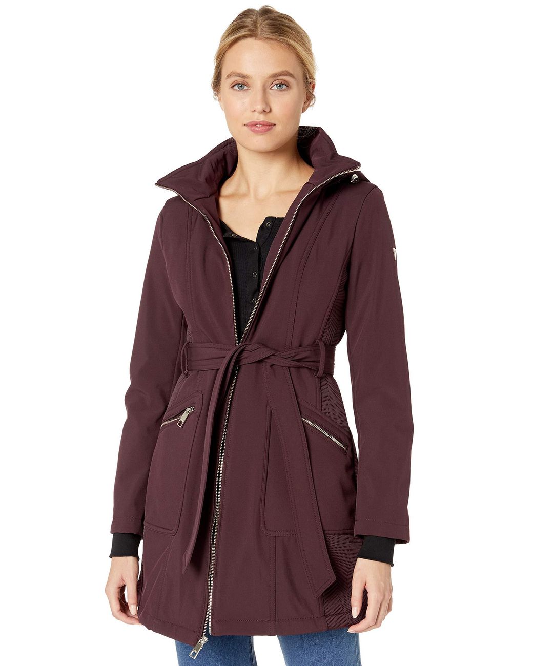 GUESS Women's Knee Length Packable Puffer Coat with Hood and Stand Collar 