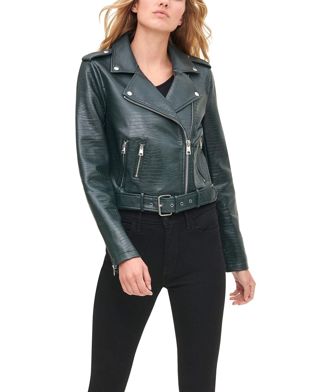 Faux-Leather Belted Biker Jacket