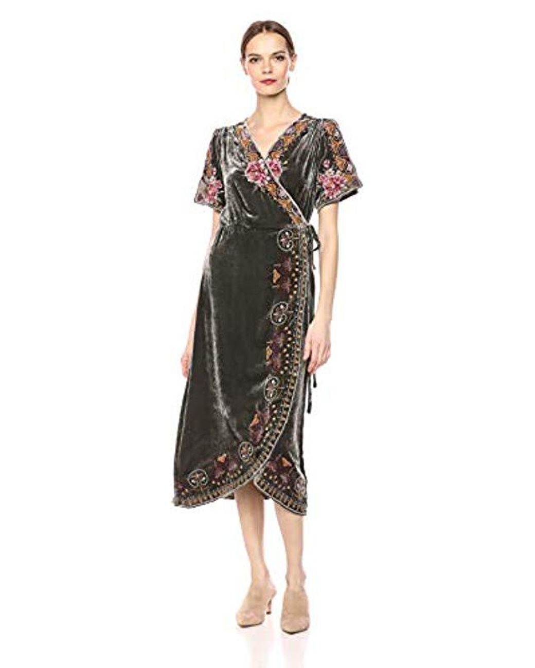 Johnny Was Short Sleeve Embroidered Wrap Dress in Gray Lyst