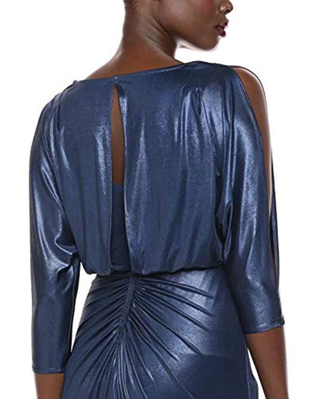 Adrianna Papell Metallic Blouson Draped Gown In Light Navy Blue