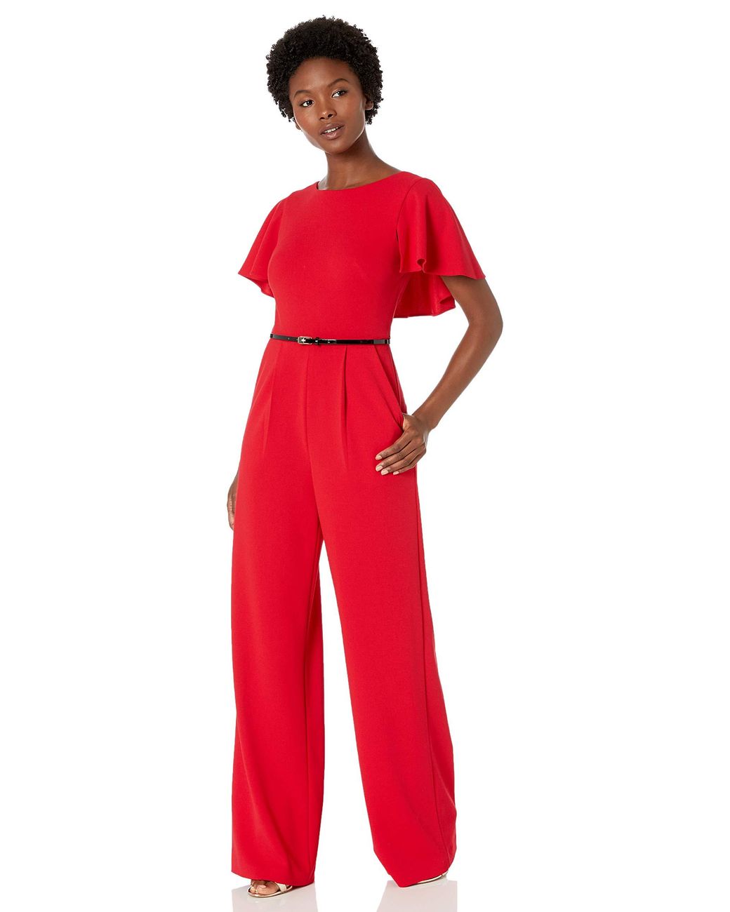Calvin Klein Belted Jumpsuit With Caplet Sleeve in Red 2 (Red) - Lyst