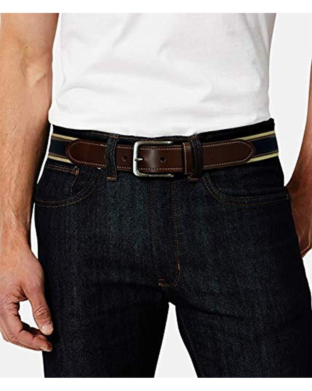 Tommy Hilfiger Men/'s Ribbon Inlay Fashion Leather Belt Khaki
