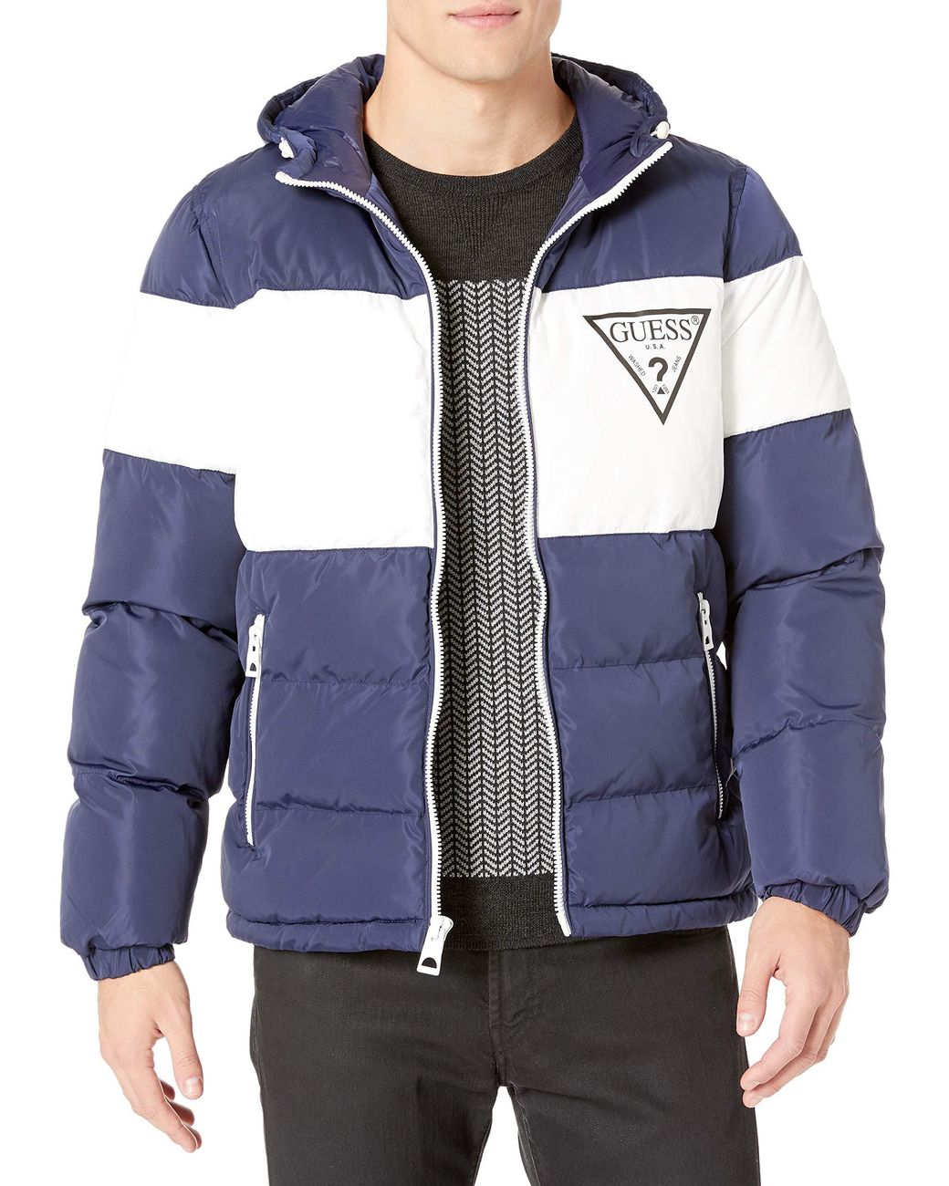 Guess Color Block Hooded Puffer Jacket in Navy (Blue) for Men Lyst
