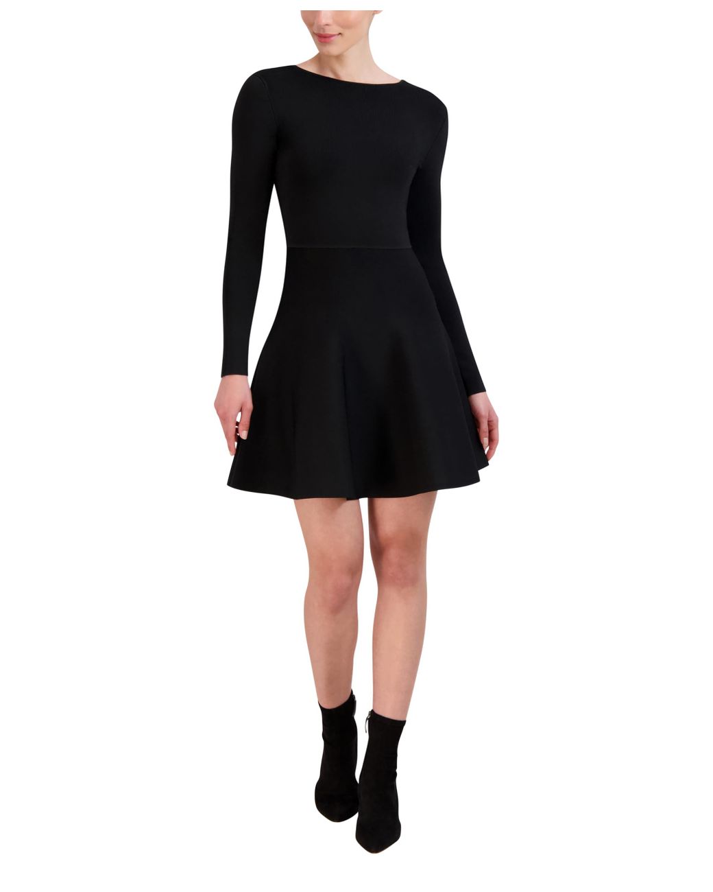 BCBGMAXAZRIA Long Sleeve Boat Neck Fit And Flare Sweater Knit Mini Dress in  Black | Lyst