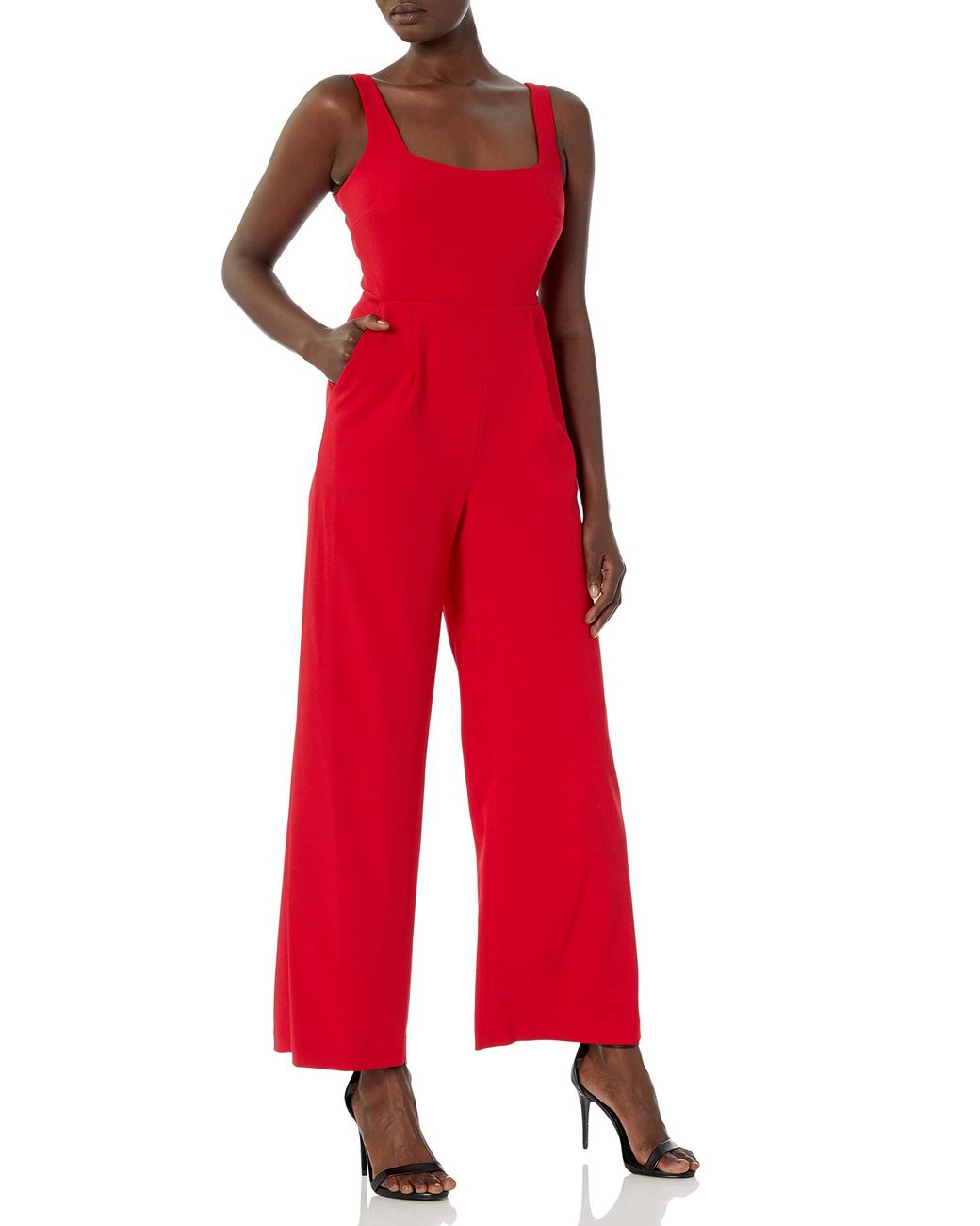 Calvin Klein Sleeveless Square Neck Jumpsuit in Red | Lyst