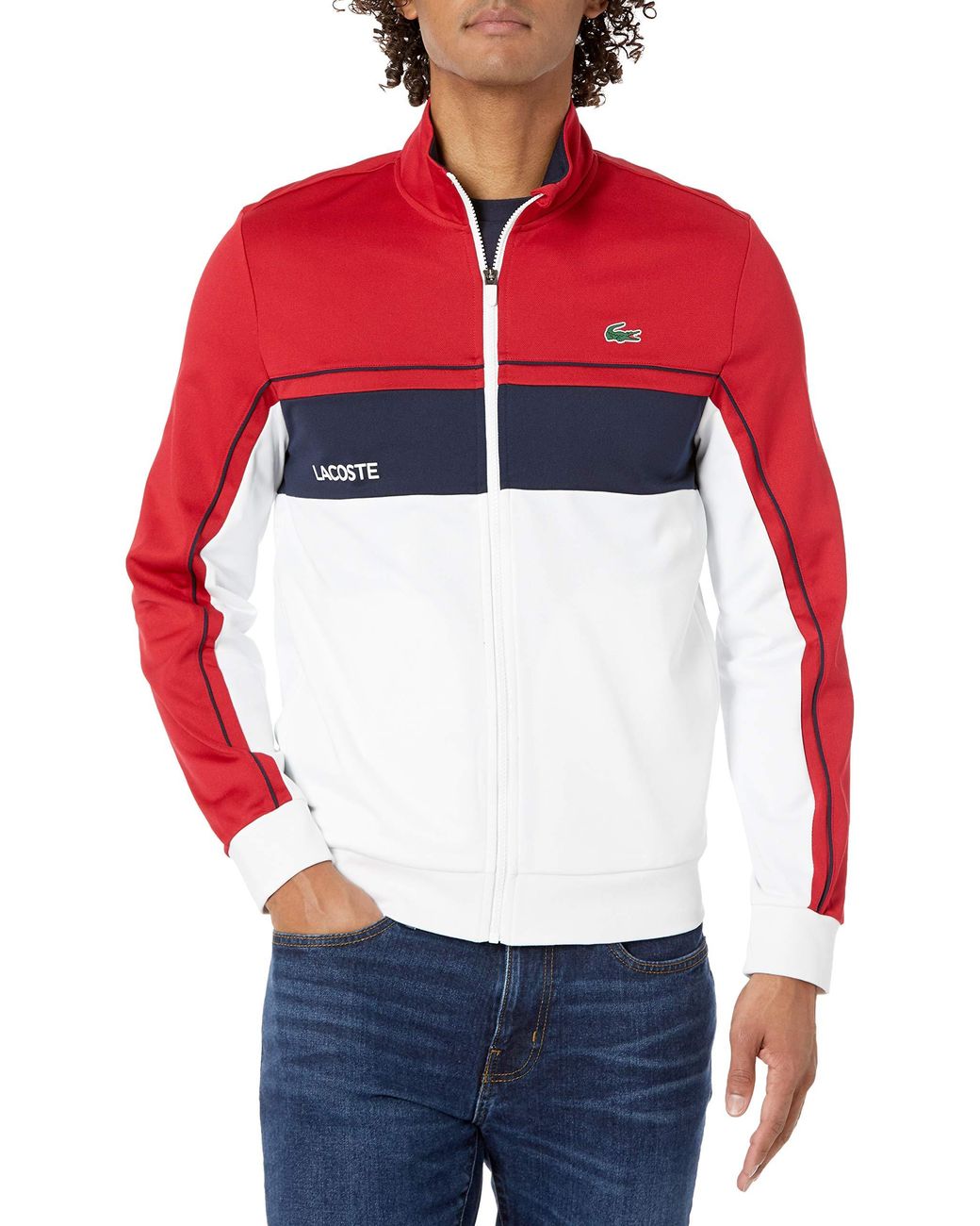 Lacoste Sport Colorblock Tricot Jacket in Ruby/White-Navy Blue-White ...