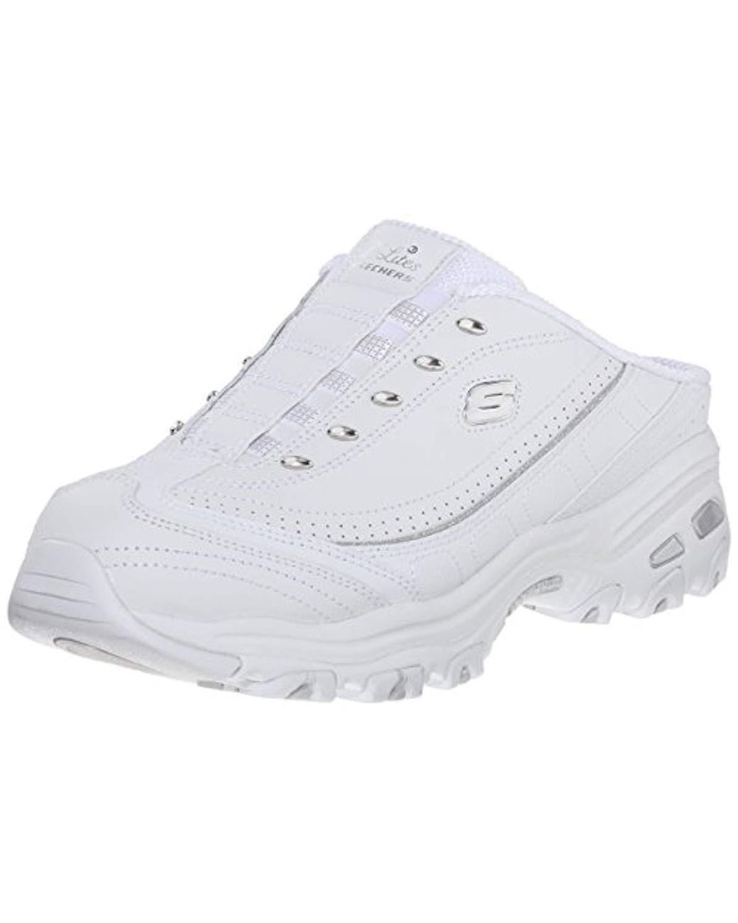 Skechers Leather Sport D'lites Slip-on Mule Sneaker in White/Silver ...