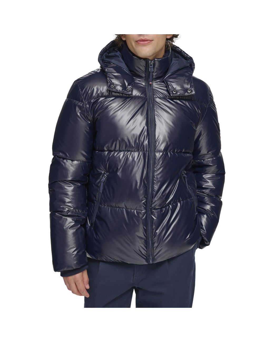 Tommy Hilfiger Shiny Quilted Puffer With Patch Logo Jacket in Blue