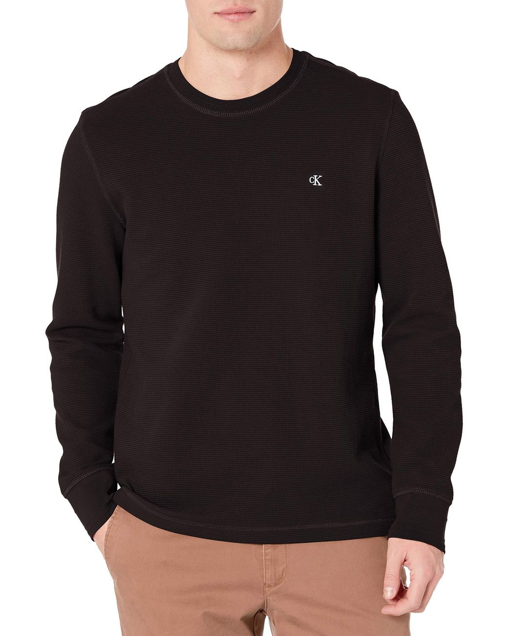Calvin Klein Cotton Long Sleeve Thermal Waffle Crew Neck Shirt in Black ...