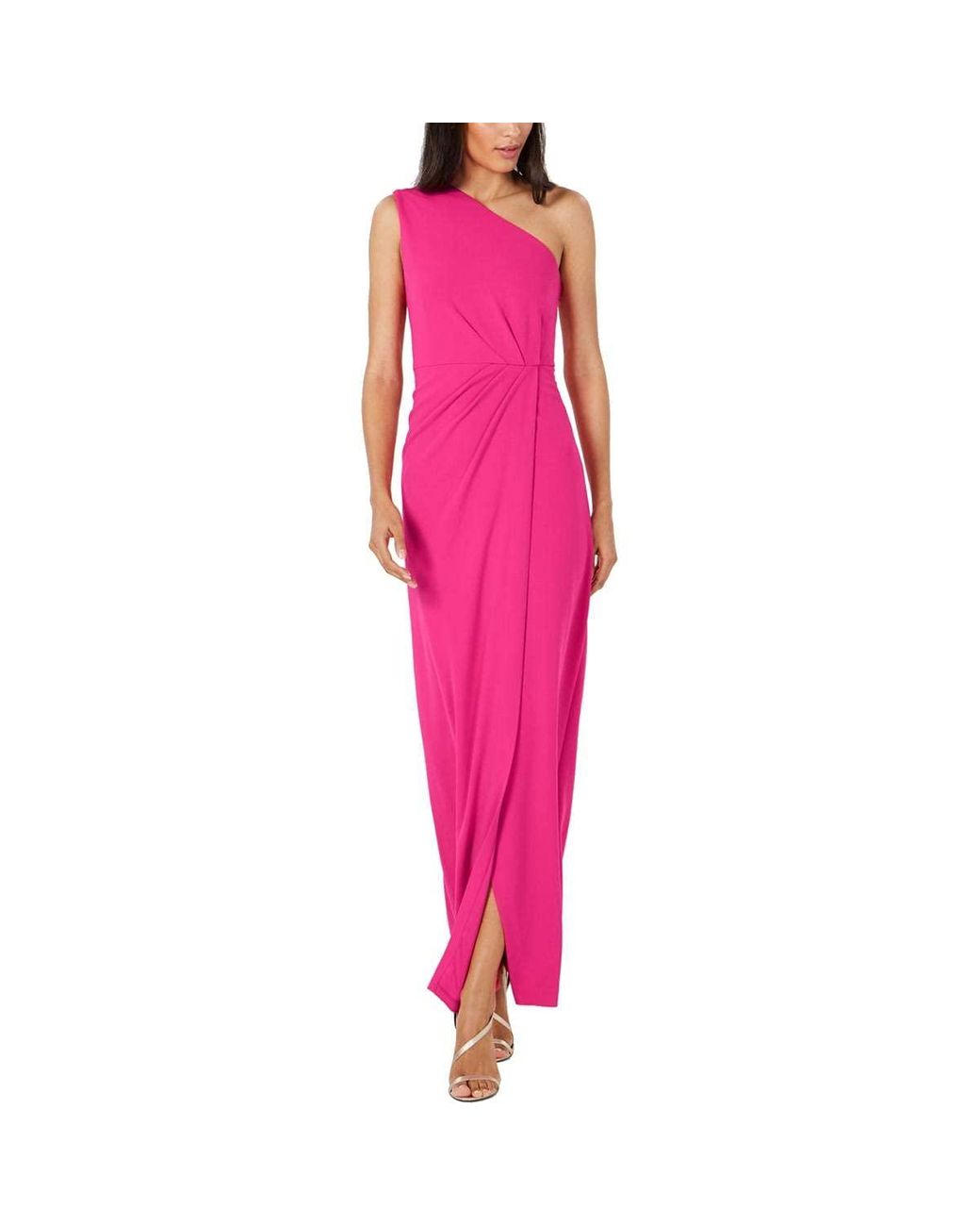 Calvin Klein One Shoulder Gown With Waist Ruch in Pink | Lyst