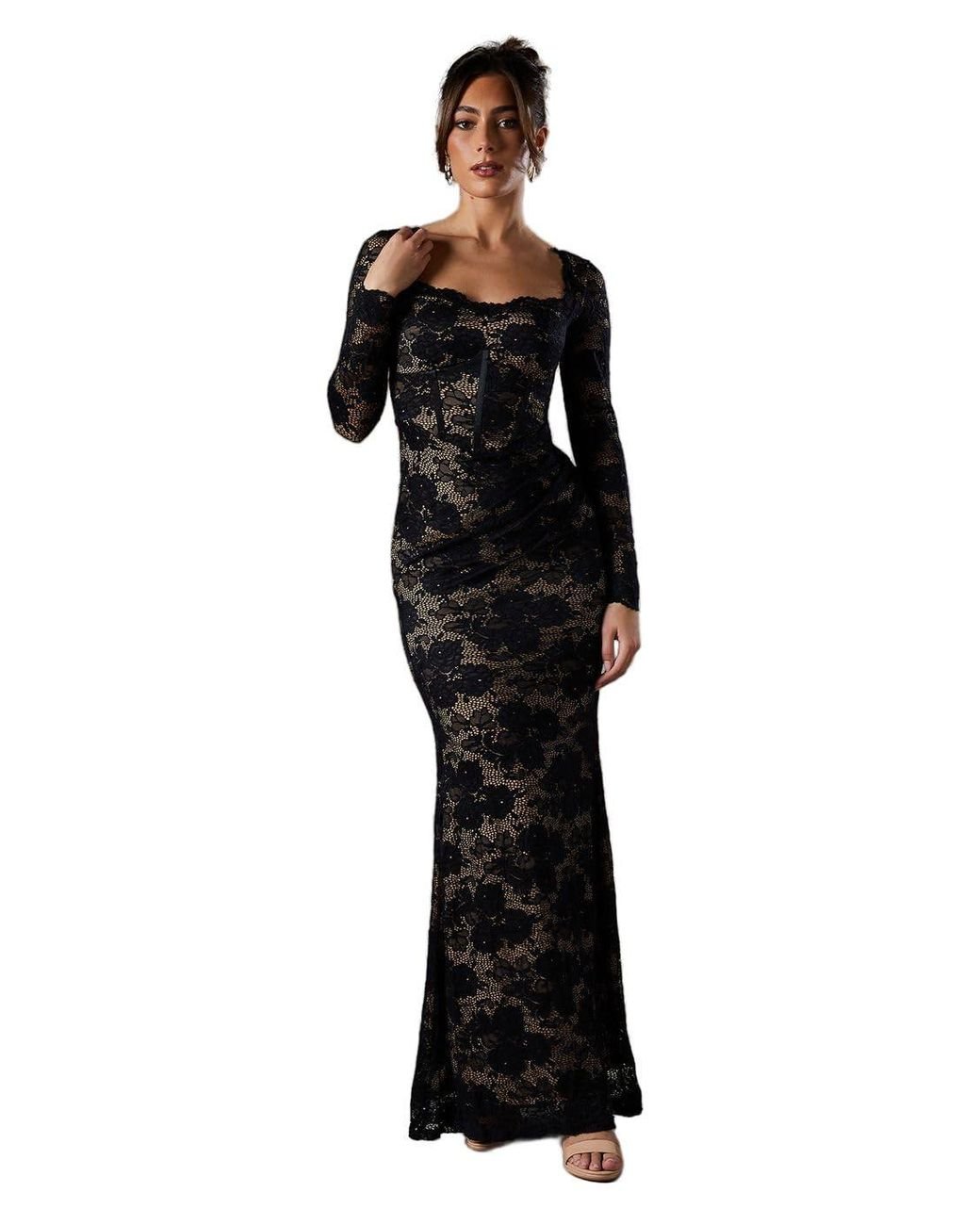 Coast Lace Maxi Dress With Square Neck Long Sleeve in Black