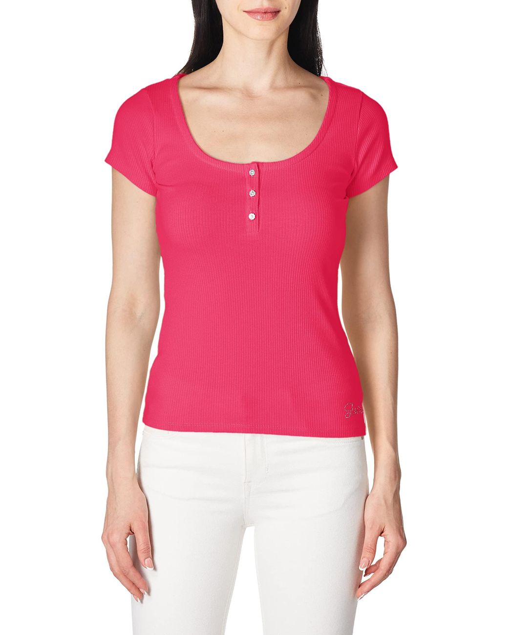 Guess Short Sleeve Karlee Jewel Button Henley in Red Lyst