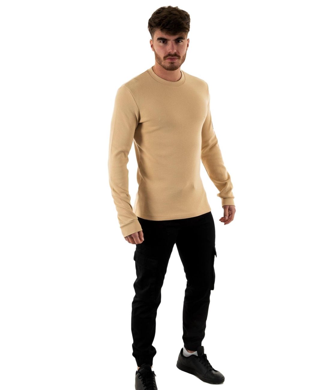 for Natural Waffle Tops Knit Beige Ls in Calvin | Men Lyst Klein UK Badge Tee L/s