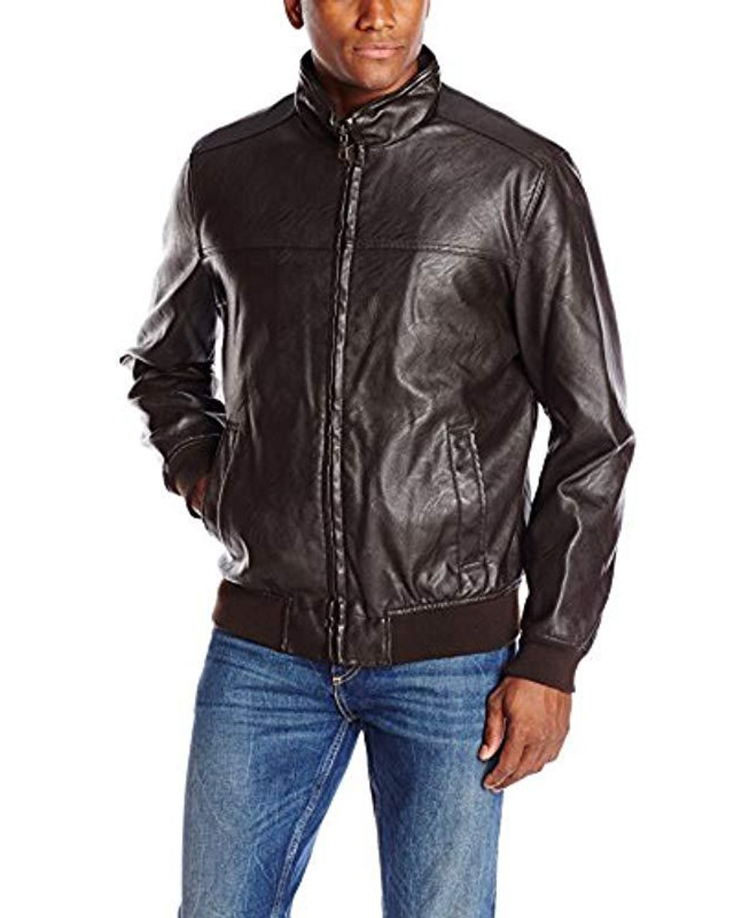 Tommy Hilfiger Faux Leather Stand Collar Bomber Jacket in Brown for Men |  Lyst