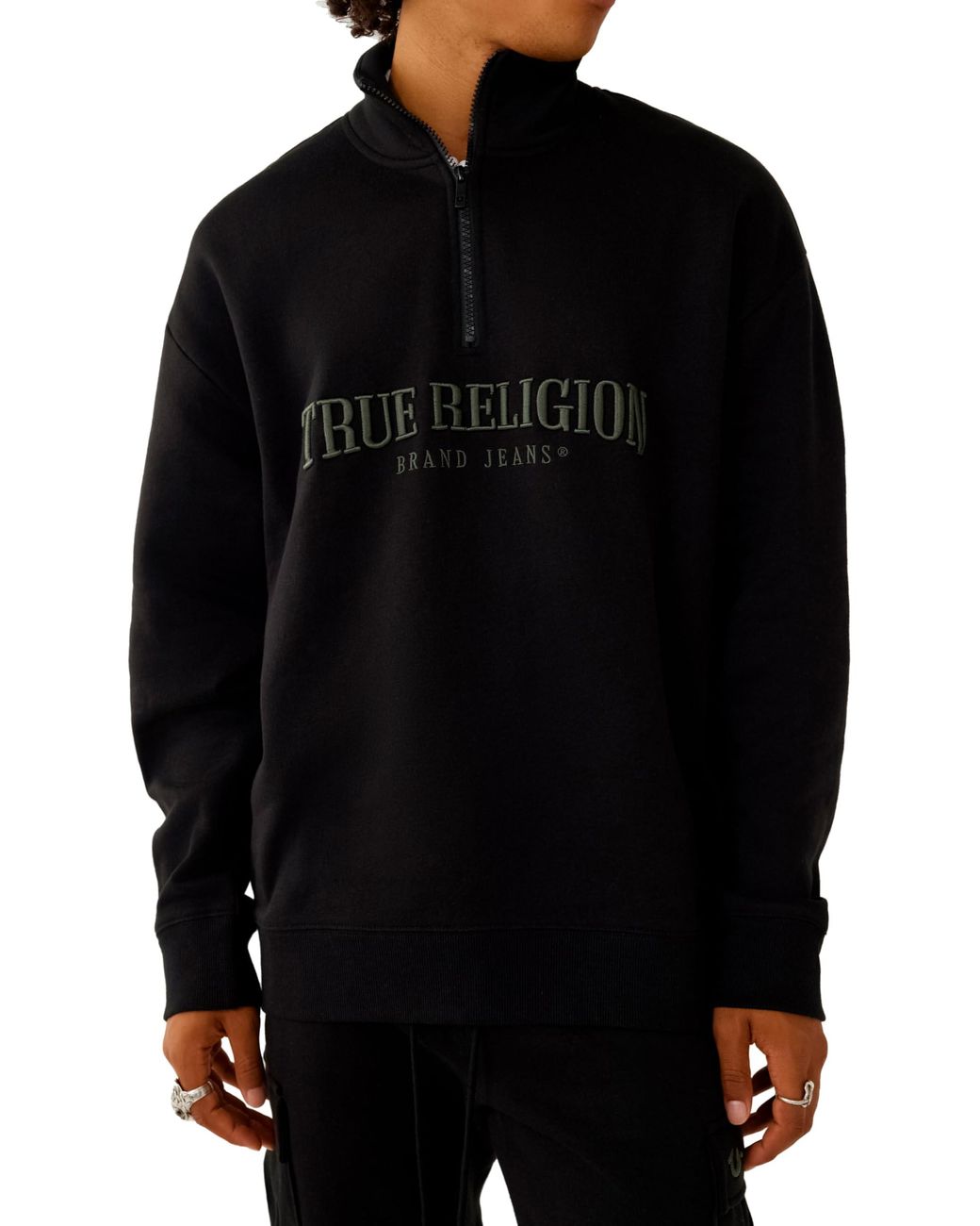 True Religion Mock Half Zip Relaxed Sweater in Black for Men | Lyst UK