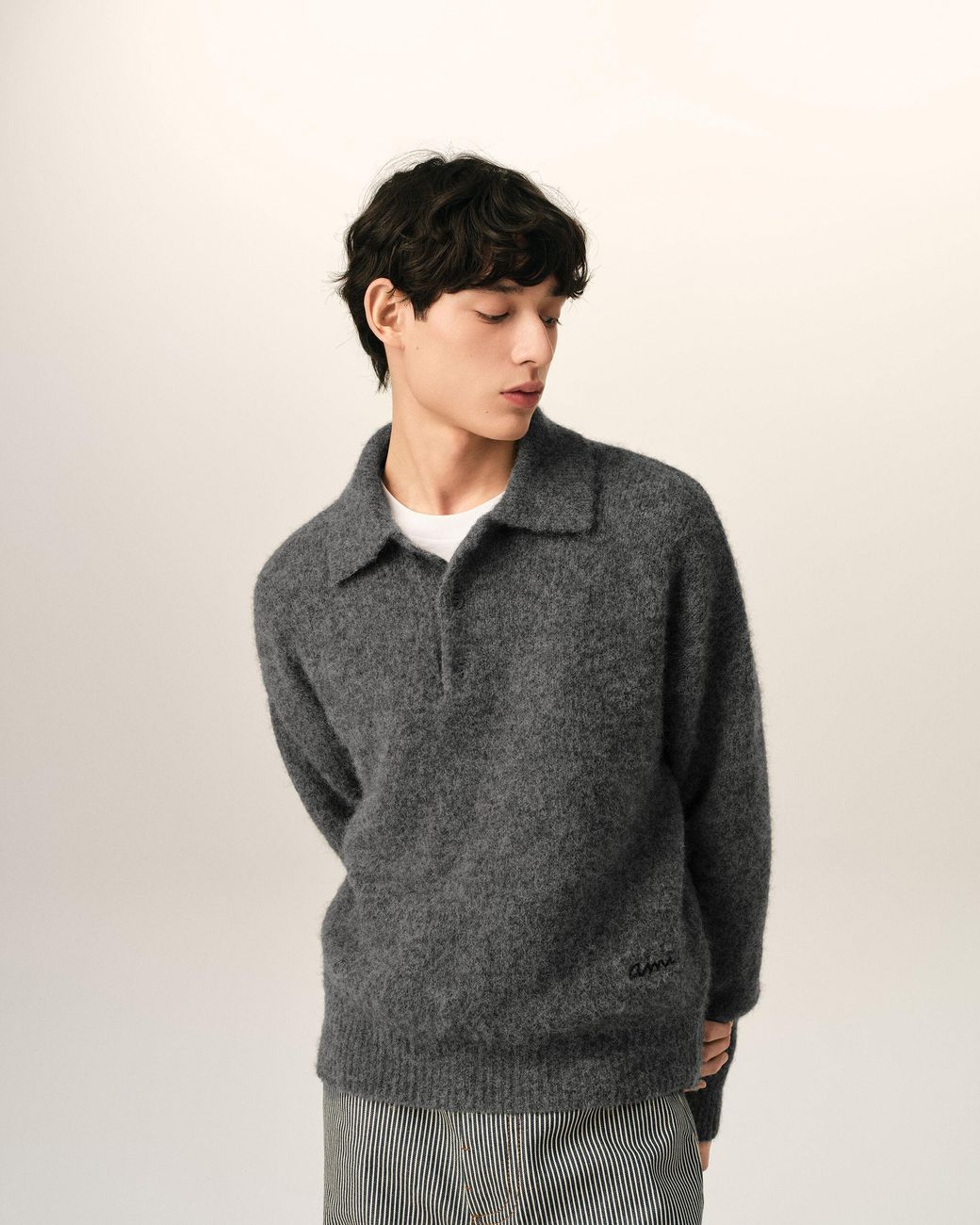 AMI Gray Wool And Alpaca Polo With Ami Embroidery for men