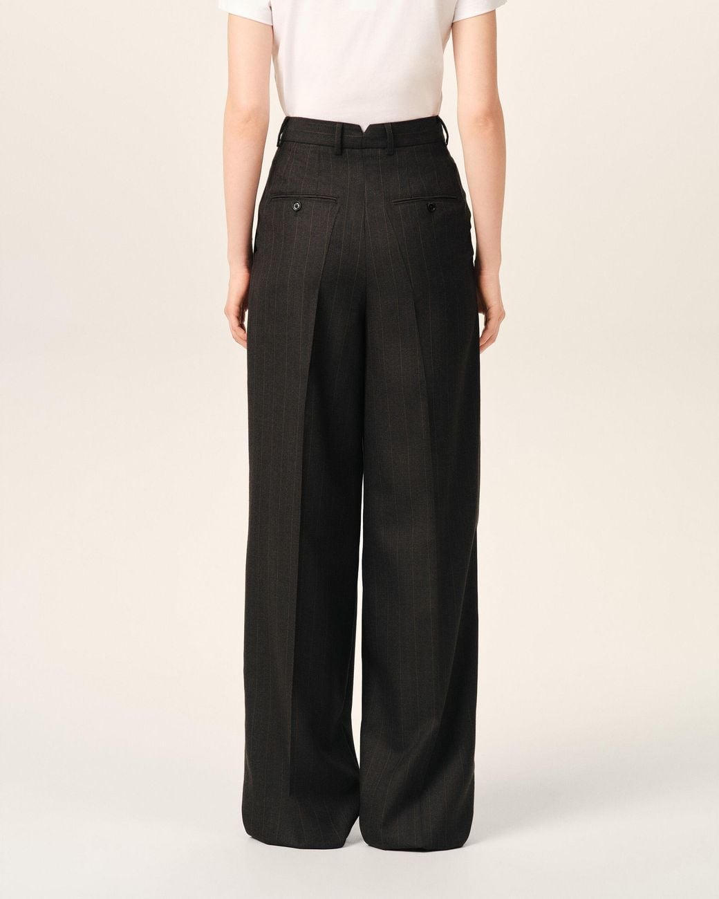 AMI Black High-Waisted Wide-Leg Striped Wool Trousers