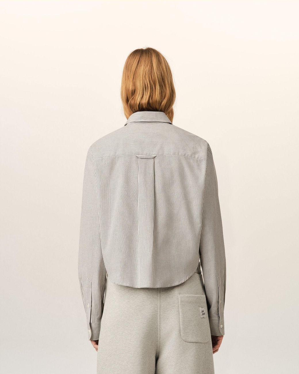 AMI Natural Cropped Striped Cotton Shirt With Embossed Ami De Coeur