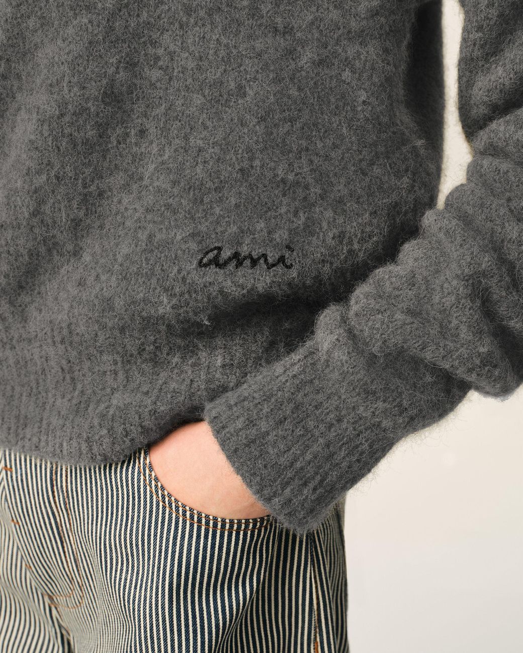AMI Gray Wool And Alpaca Polo With Ami Embroidery for men