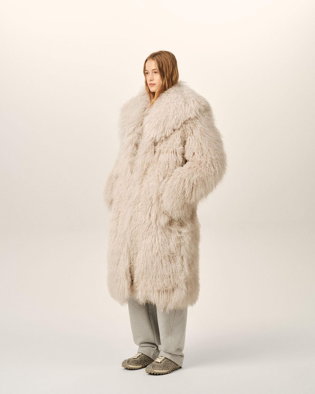 AMI Natural Long Lamb Shearling Coat