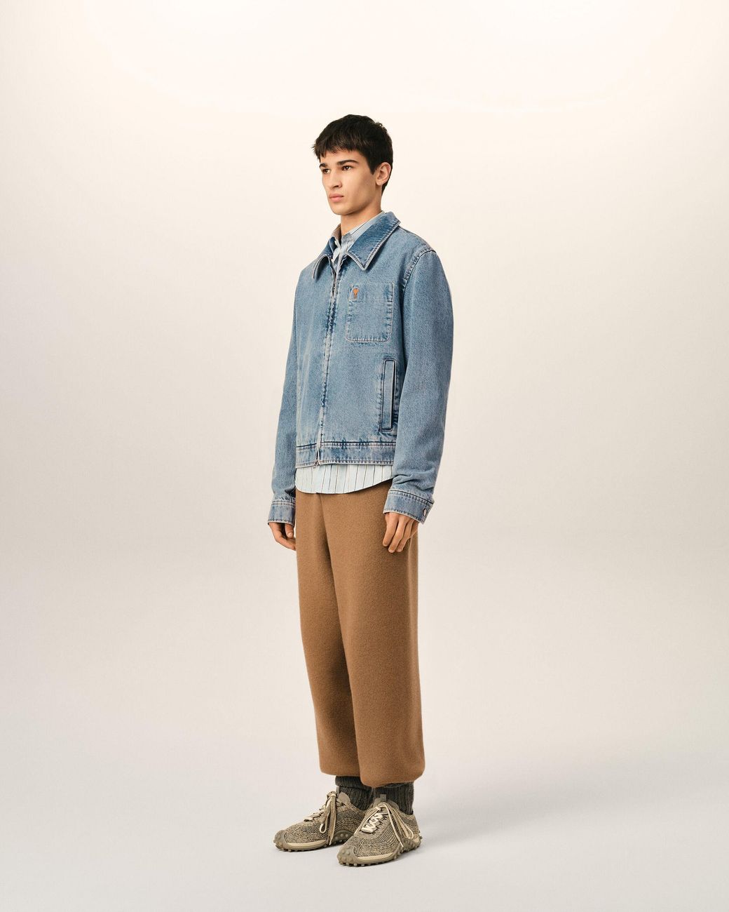 AMI Blue Cotton Contrasted Zipped Jacket With Ami De Coeur for men