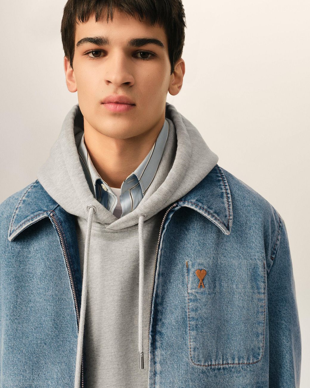 AMI Blue Cotton Contrasted Zipped Jacket With Ami De Coeur for men
