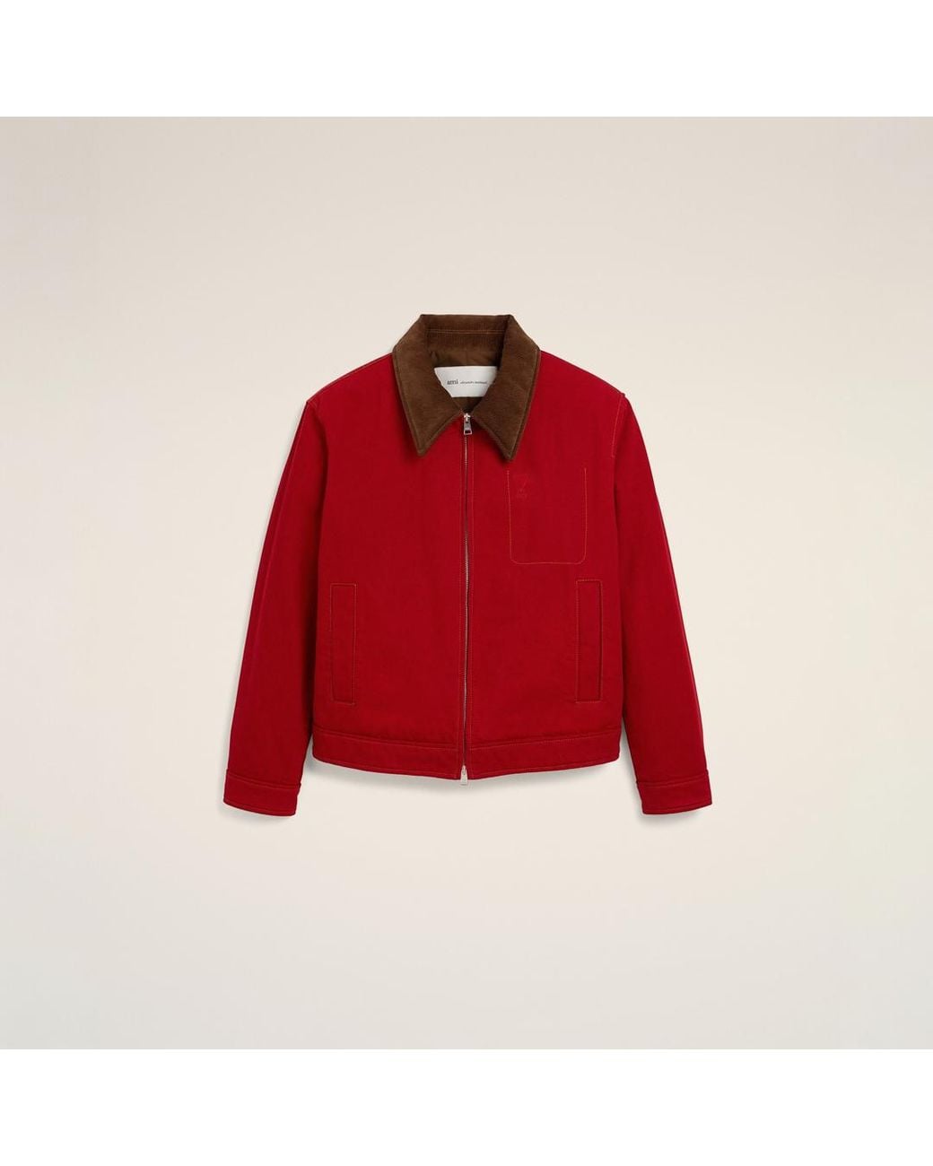 AMI Red Cotton Zipped Jacket With Ami De Coeur for men