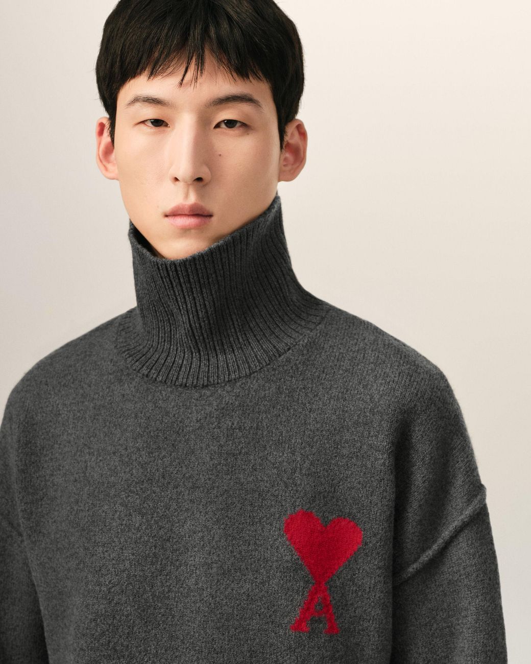 AMI Black Funell Neck Wool Sweater With Ami De Coeur