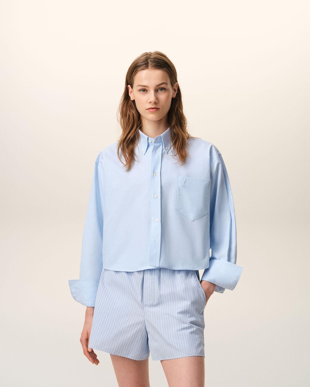 AMI Blue Cotton Cropped Embossed Ami De Coeur Shirt