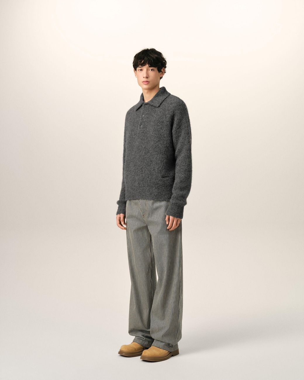 AMI Gray Wool And Alpaca Polo With Ami Embroidery for men