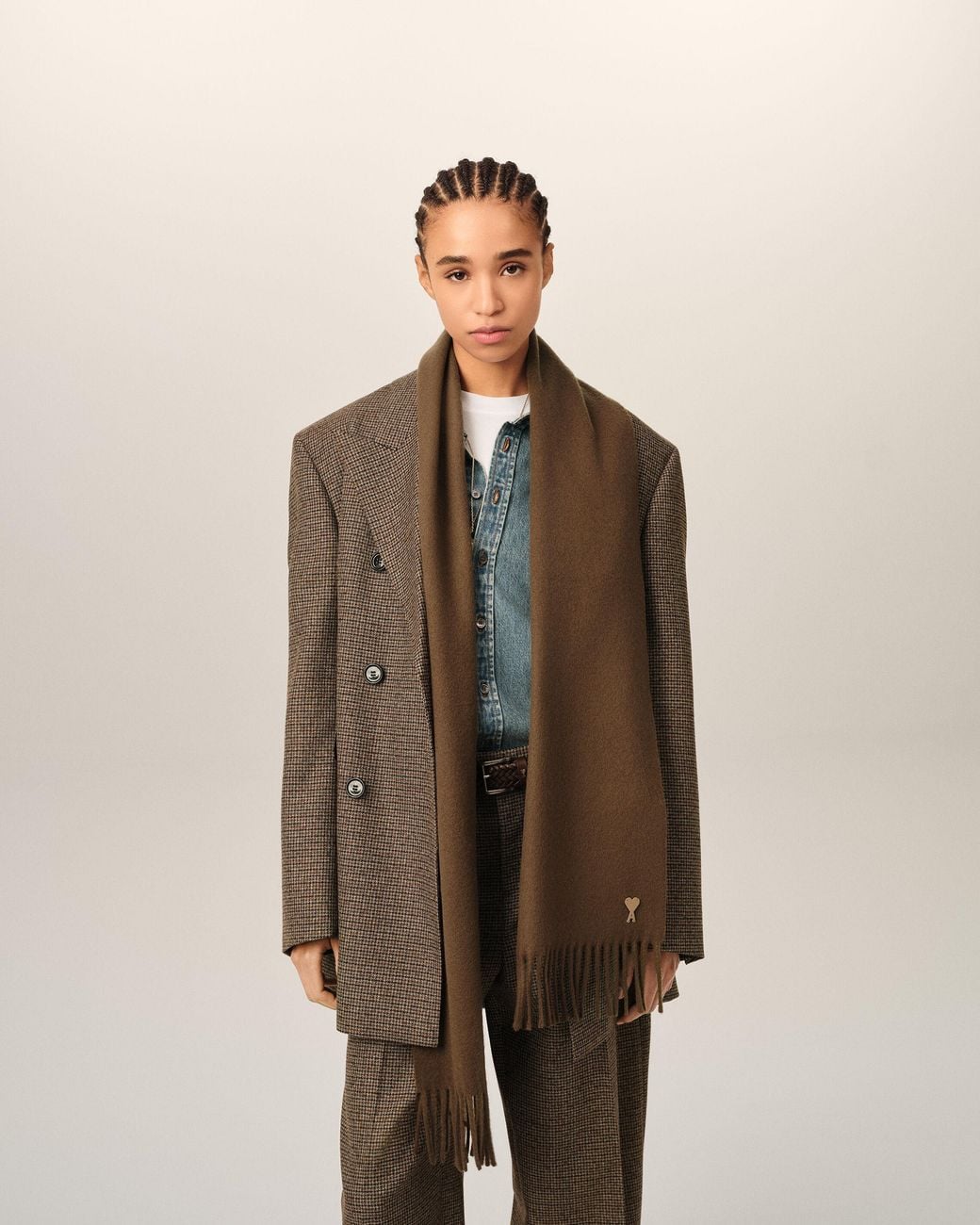 AMI Brown Wool Scarf With Ami De Coeur Patch