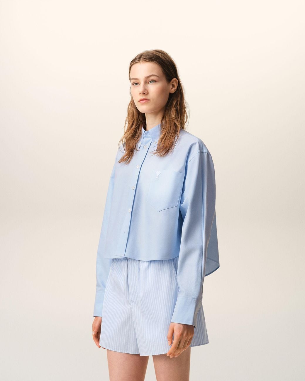 AMI Blue Cotton Cropped Embossed Ami De Coeur Shirt