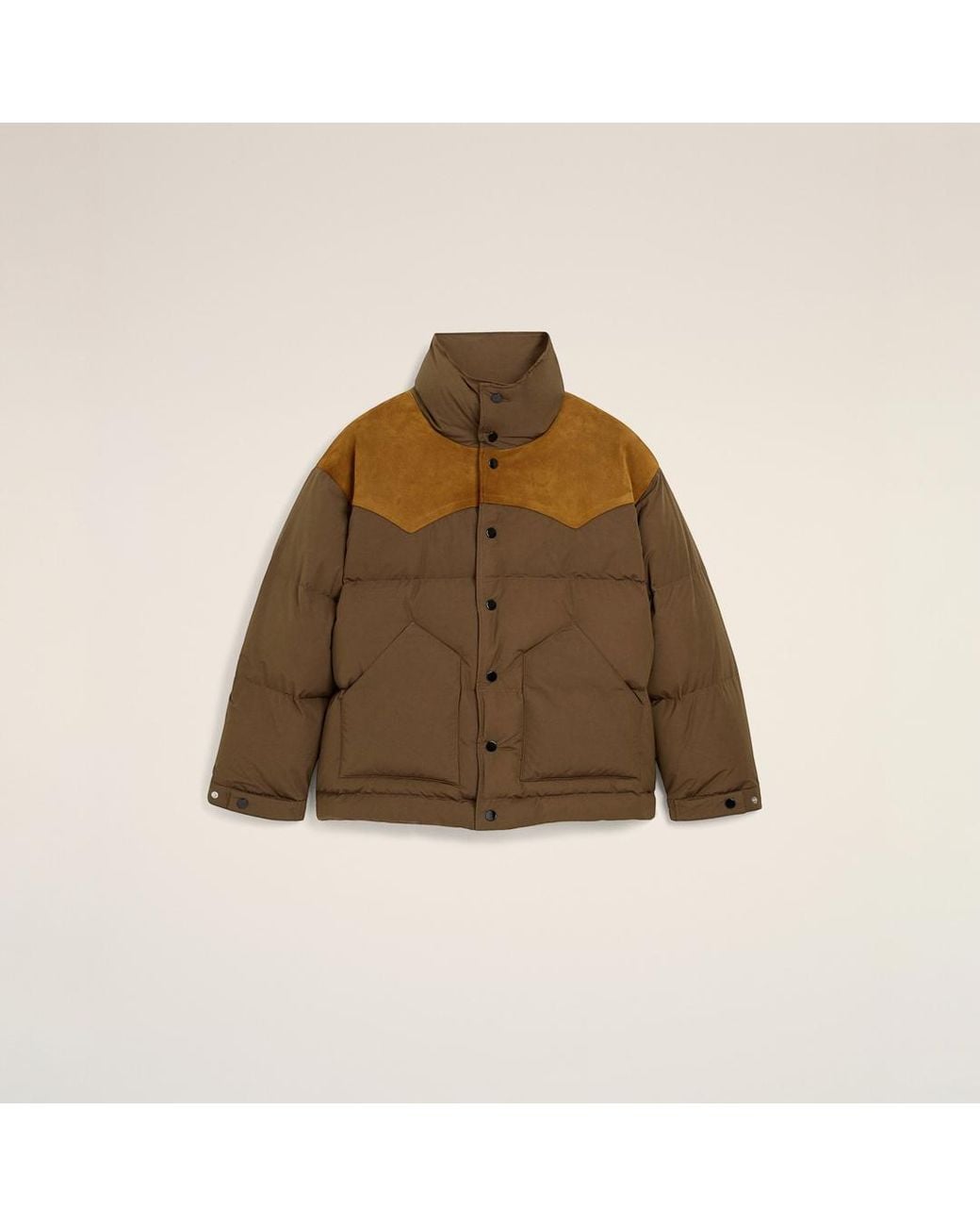 AMI Brown Nylon And Cotton Down Jacket With Leather Panels