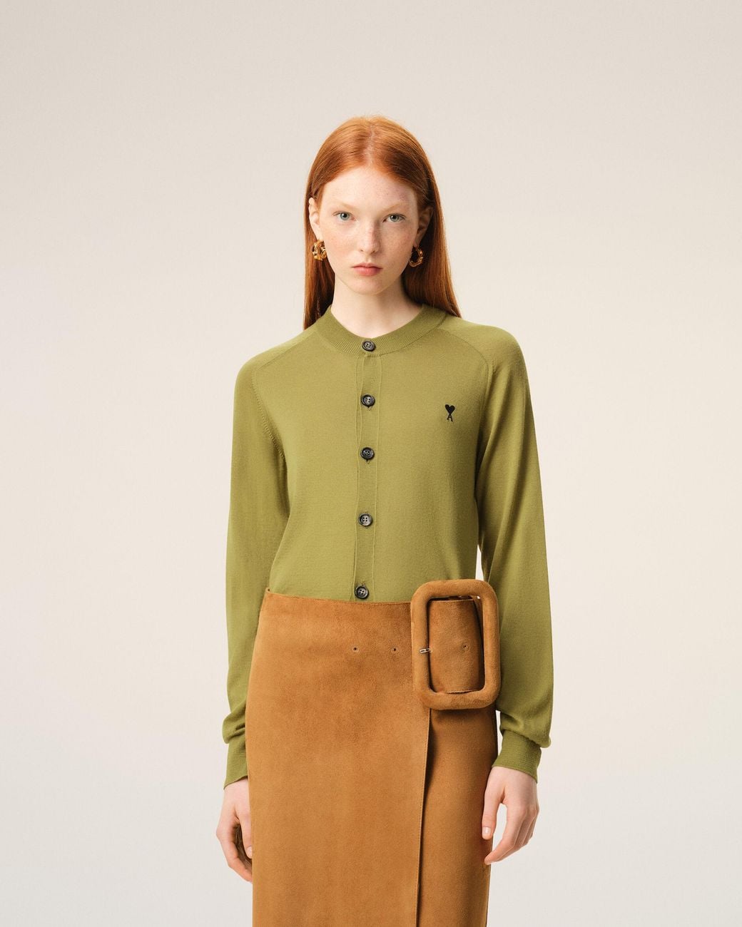 AMI Green Wool Crewneck Ami De Coeur Cardigan