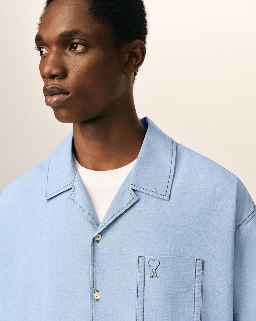 AMI Blue Boxy Cotton Short-Sleeve Shirt With Ami De Coeur for men