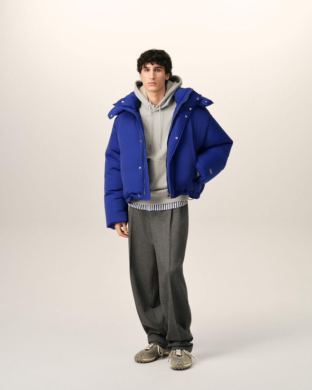 AMI Blue Hooded Nylon And Cotton Down Jacket With Ami De Coeur for men