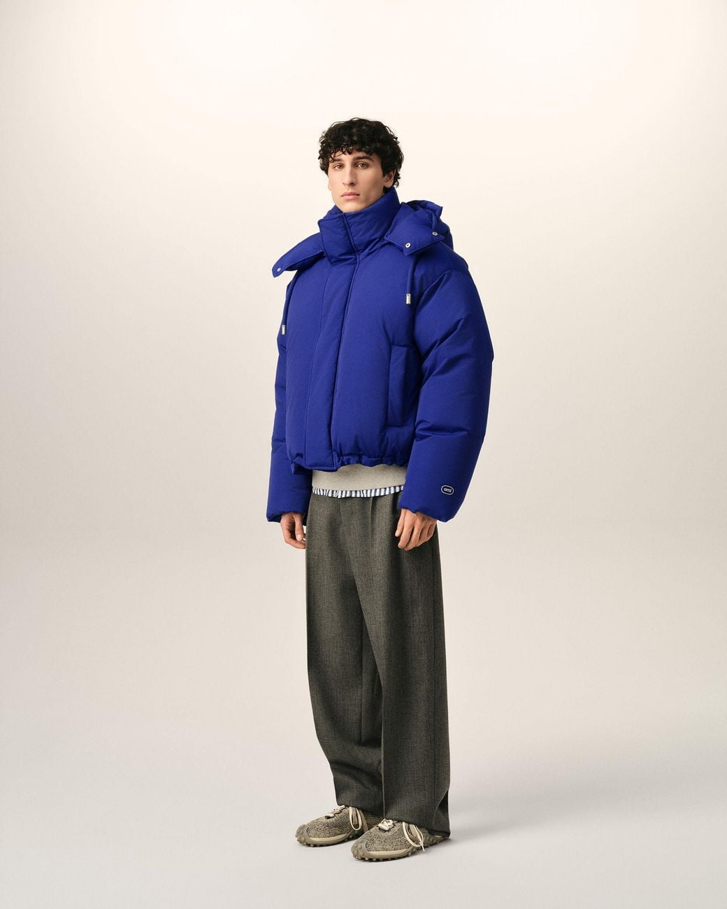AMI Blue Hooded Nylon And Cotton Down Jacket With Ami De Coeur for men