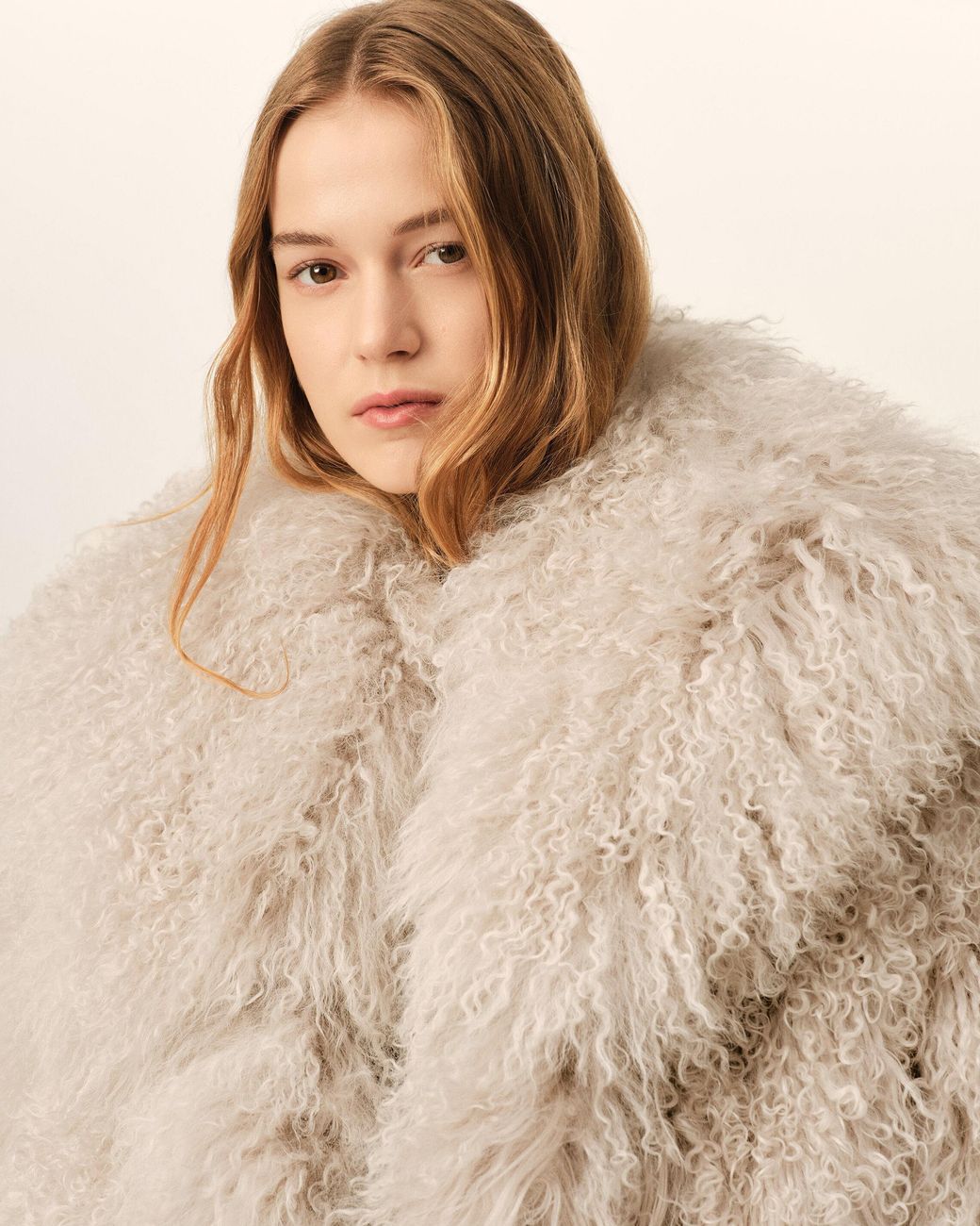 AMI Natural Long Lamb Shearling Coat