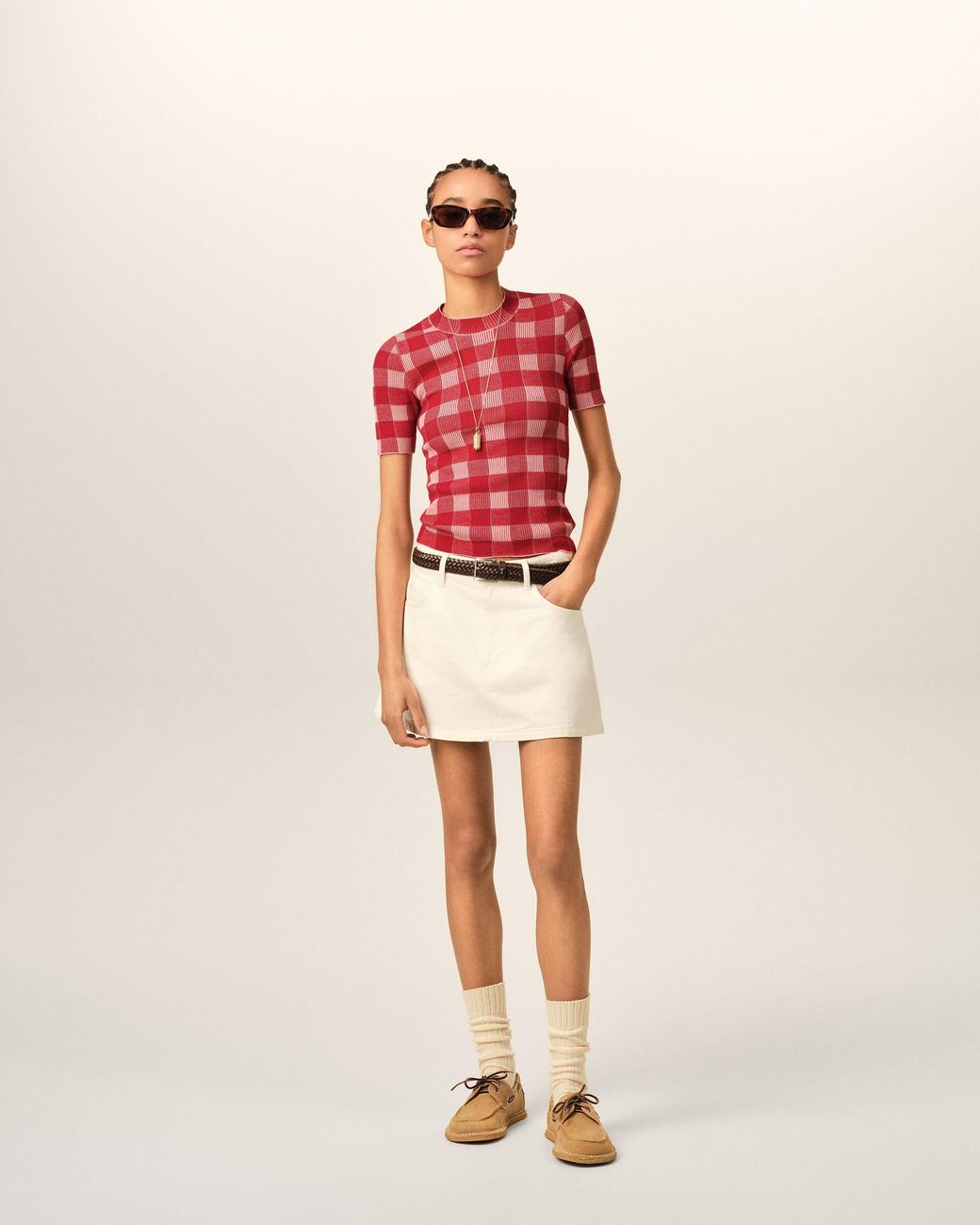 AMI Checkered Wool And Cotton Short Sleeves Sweater