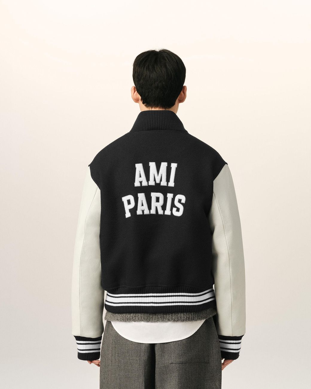 AMI Black Wool And Leather Padded Teddy Jacket With Embroidery for men