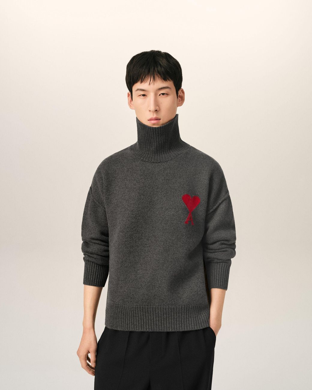 AMI Black Funell Neck Wool Sweater With Ami De Coeur