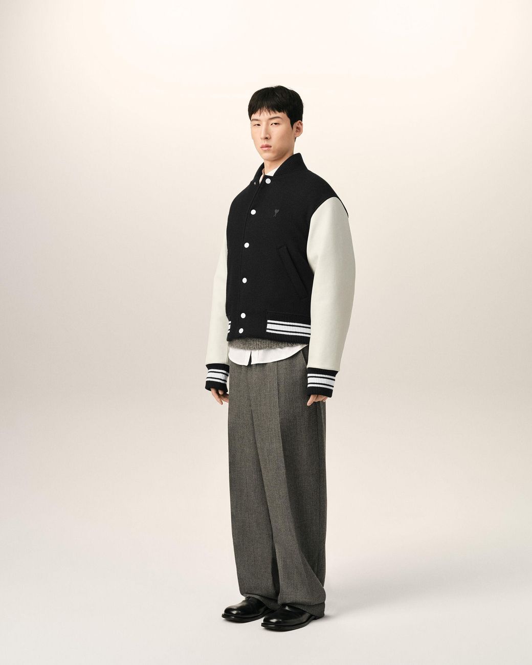 AMI Black Wool And Leather Padded Teddy Jacket With Embroidery for men